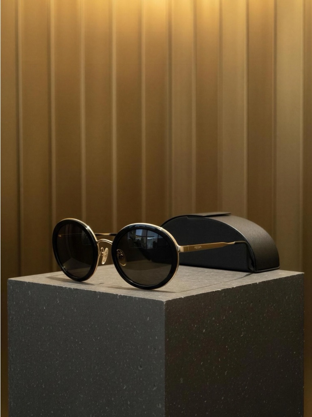 Prada Cinema SPR50T Round Black Sunglasses with Gold Bridge and Case